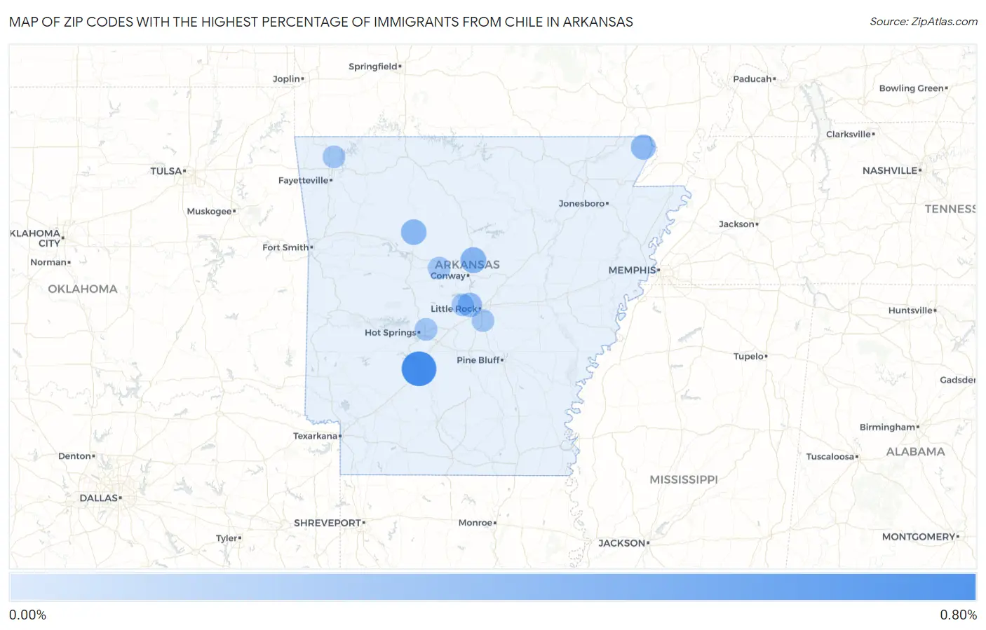 Zip Codes with the Highest Percentage of Immigrants from Chile in Arkansas Map