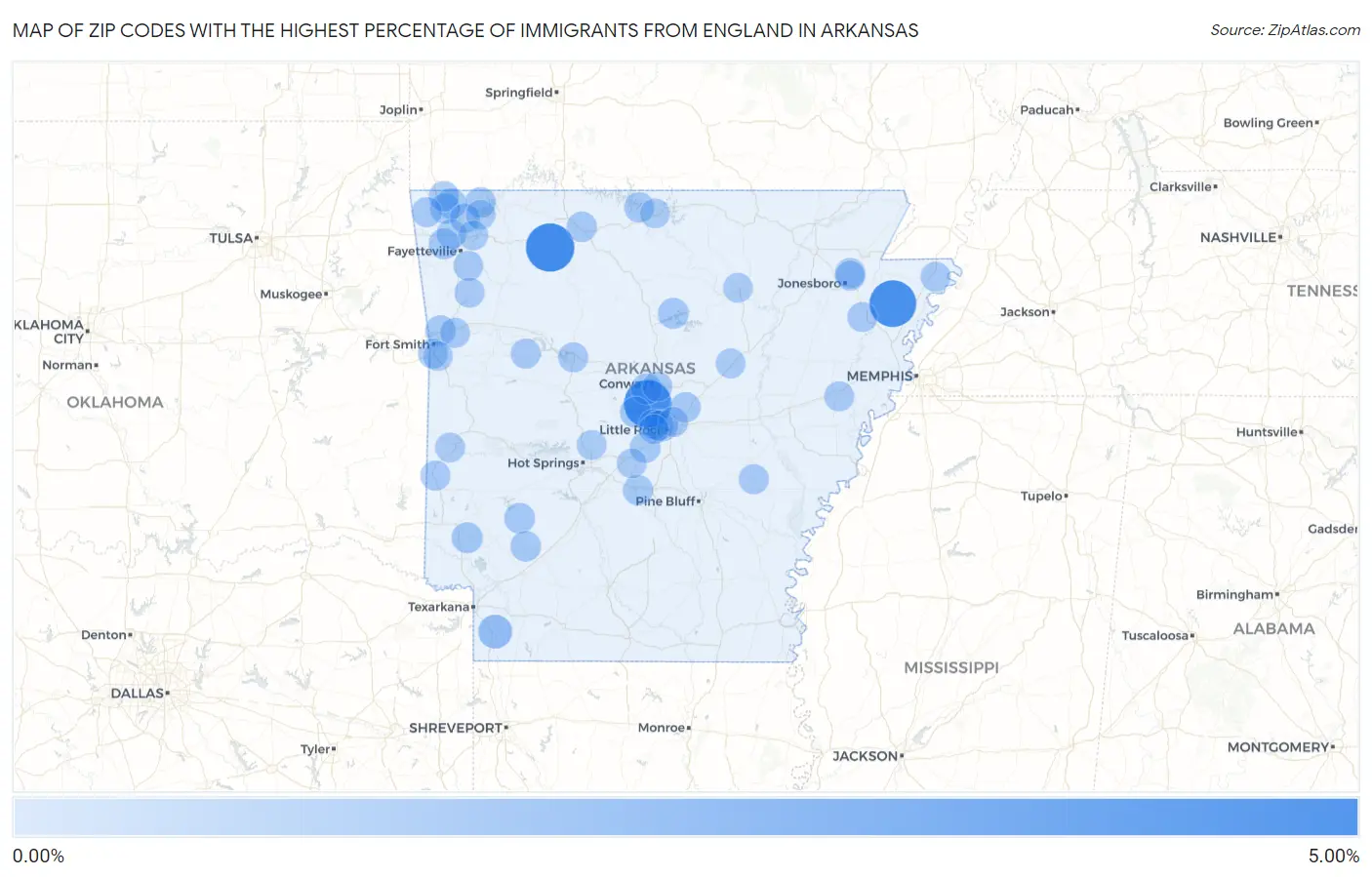 Zip Codes with the Highest Percentage of Immigrants from England in Arkansas Map