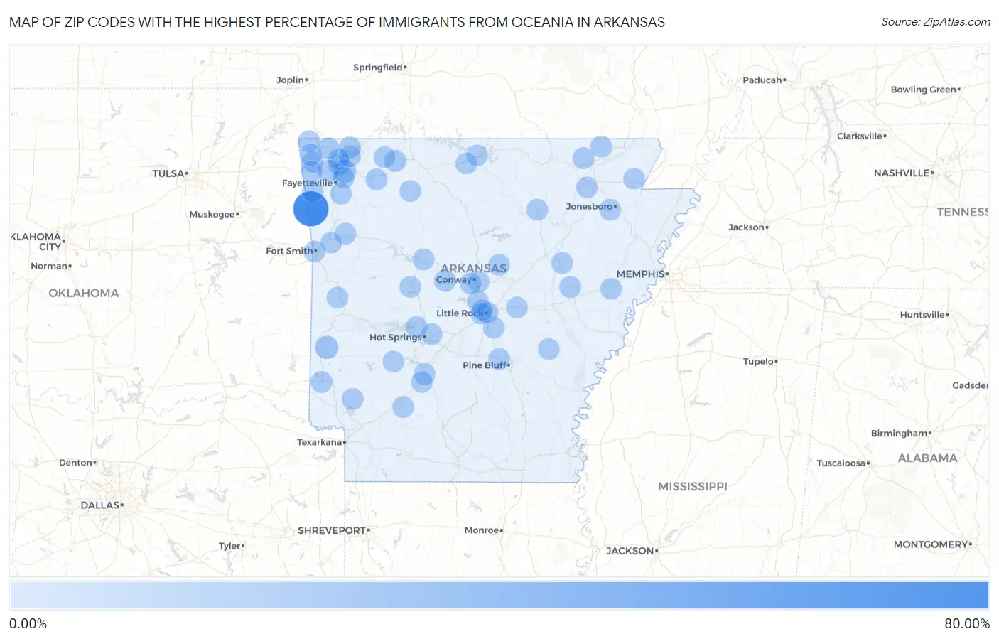 Zip Codes with the Highest Percentage of Immigrants from Oceania in Arkansas Map