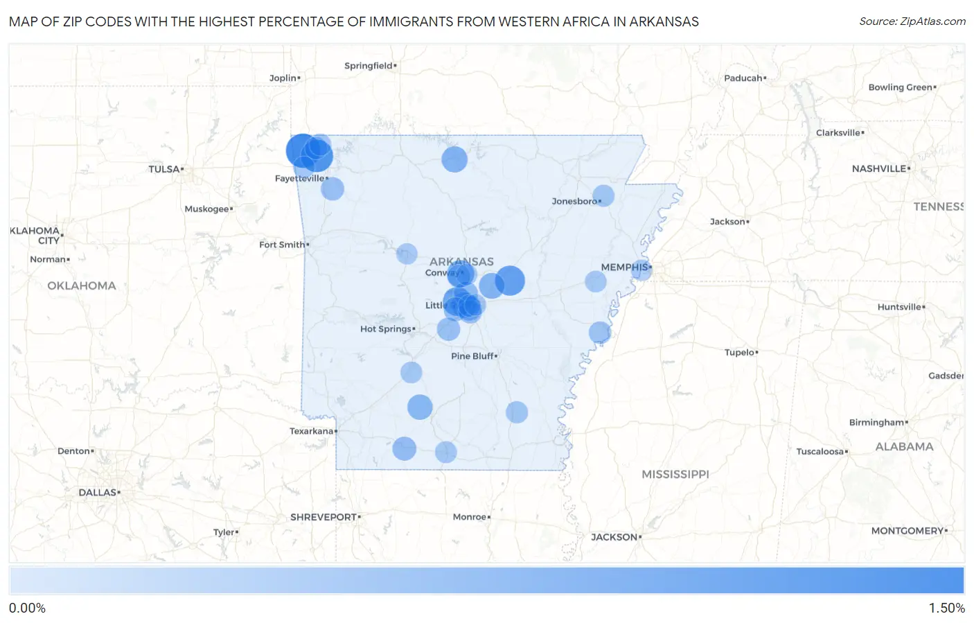 Zip Codes with the Highest Percentage of Immigrants from Western Africa in Arkansas Map