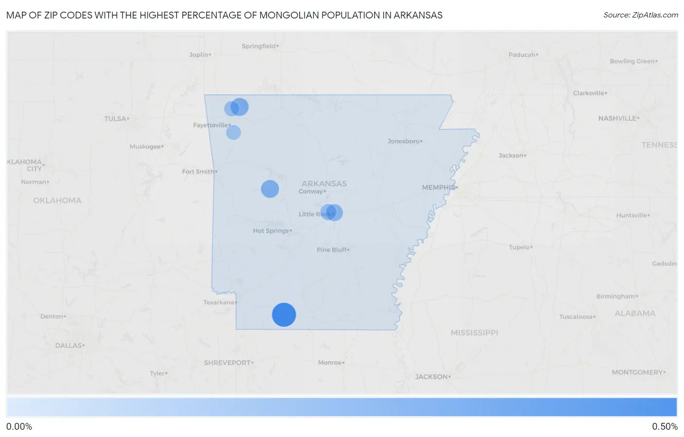 Zip Codes with the Highest Percentage of Mongolian Population in Arkansas Map