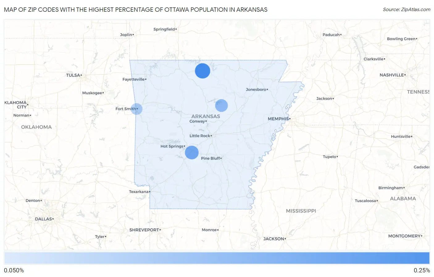 Zip Codes with the Highest Percentage of Ottawa Population in Arkansas Map