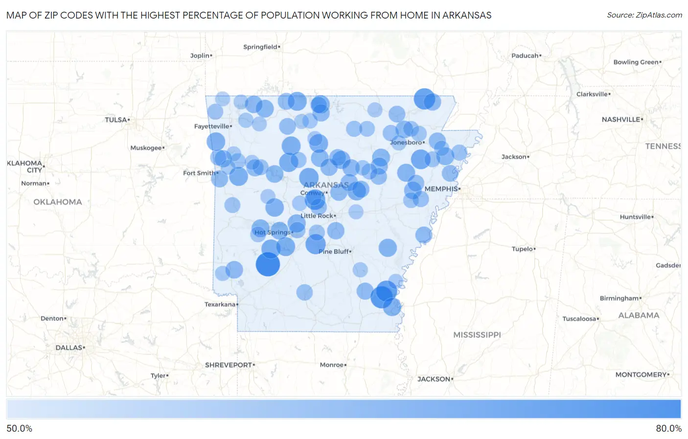 Zip Codes with the Highest Percentage of Population Working from Home in Arkansas Map