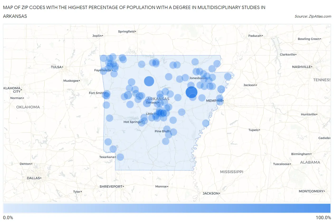Zip Codes with the Highest Percentage of Population with a Degree in Multidisciplinary Studies in Arkansas Map
