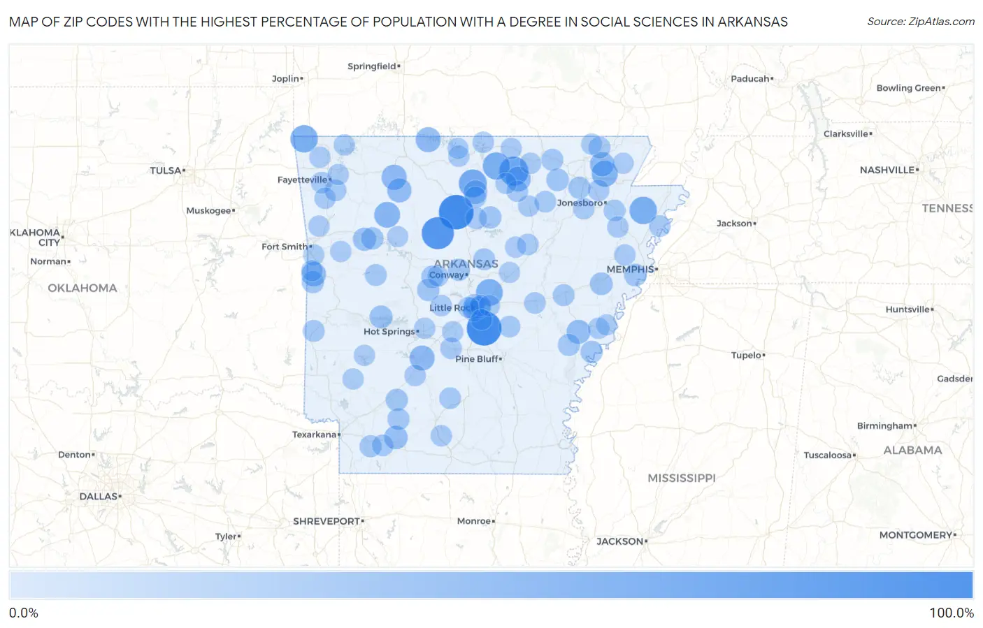 Zip Codes with the Highest Percentage of Population with a Degree in Social Sciences in Arkansas Map