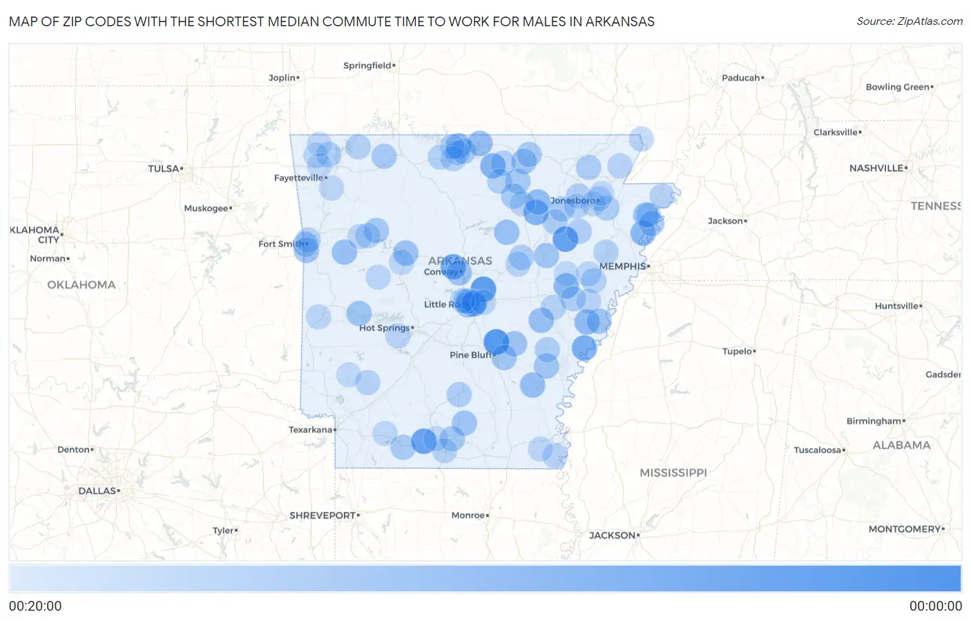 Zip Codes with the Shortest Median Commute Time to Work for Males in Arkansas Map