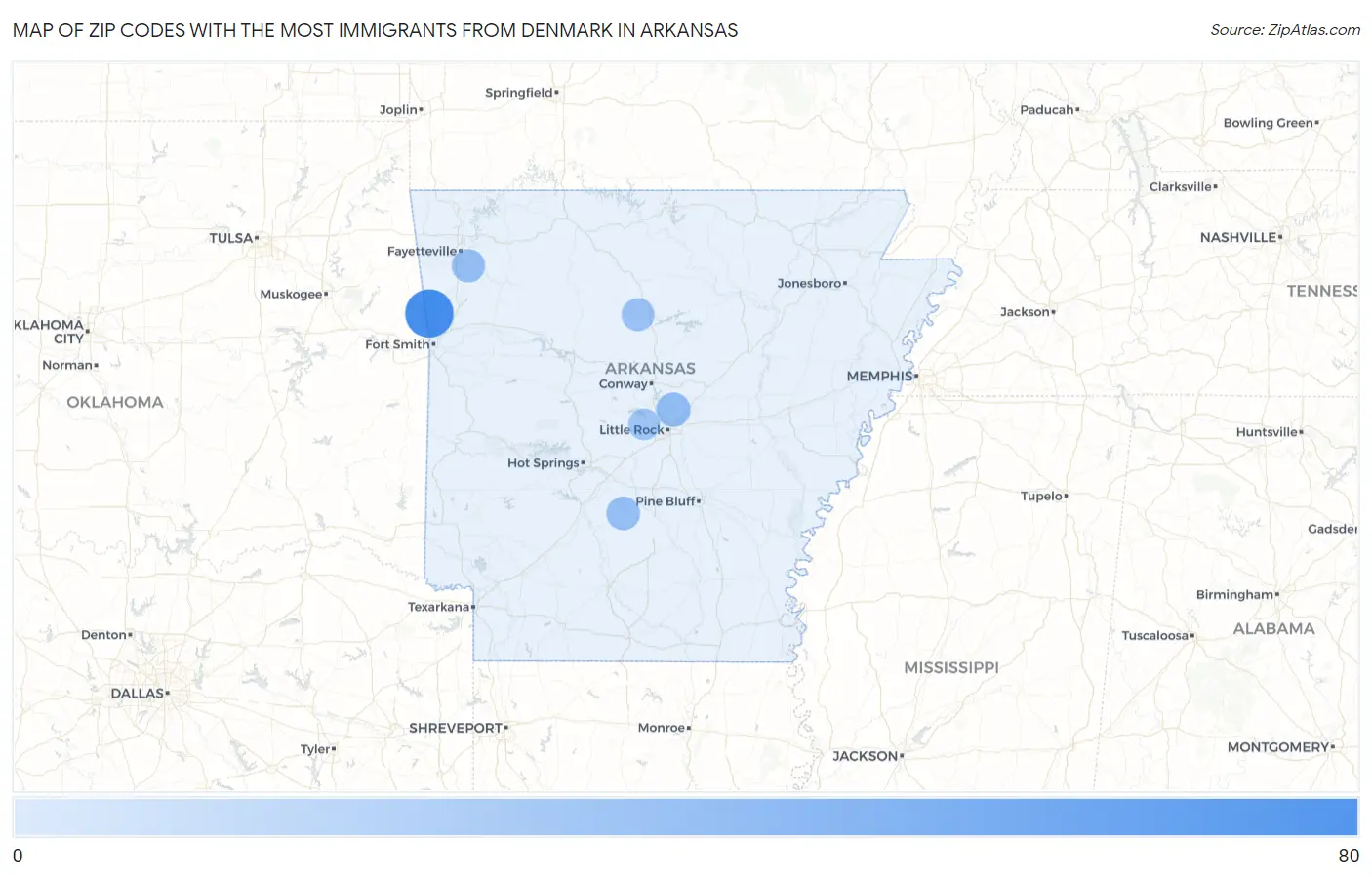 Zip Codes with the Most Immigrants from Denmark in Arkansas Map