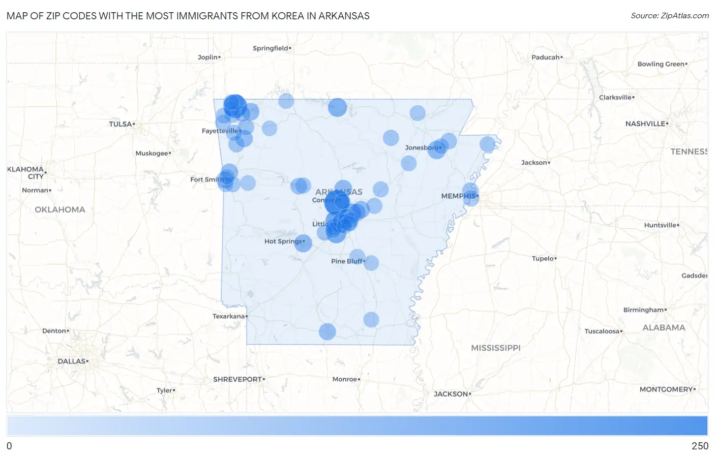 Zip Codes with the Most Immigrants from Korea in Arkansas Map
