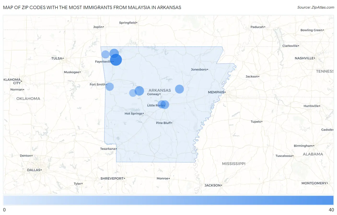 Zip Codes with the Most Immigrants from Malaysia in Arkansas Map