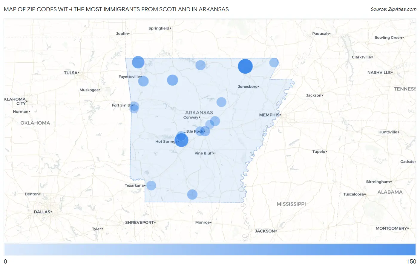 Zip Codes with the Most Immigrants from Scotland in Arkansas Map