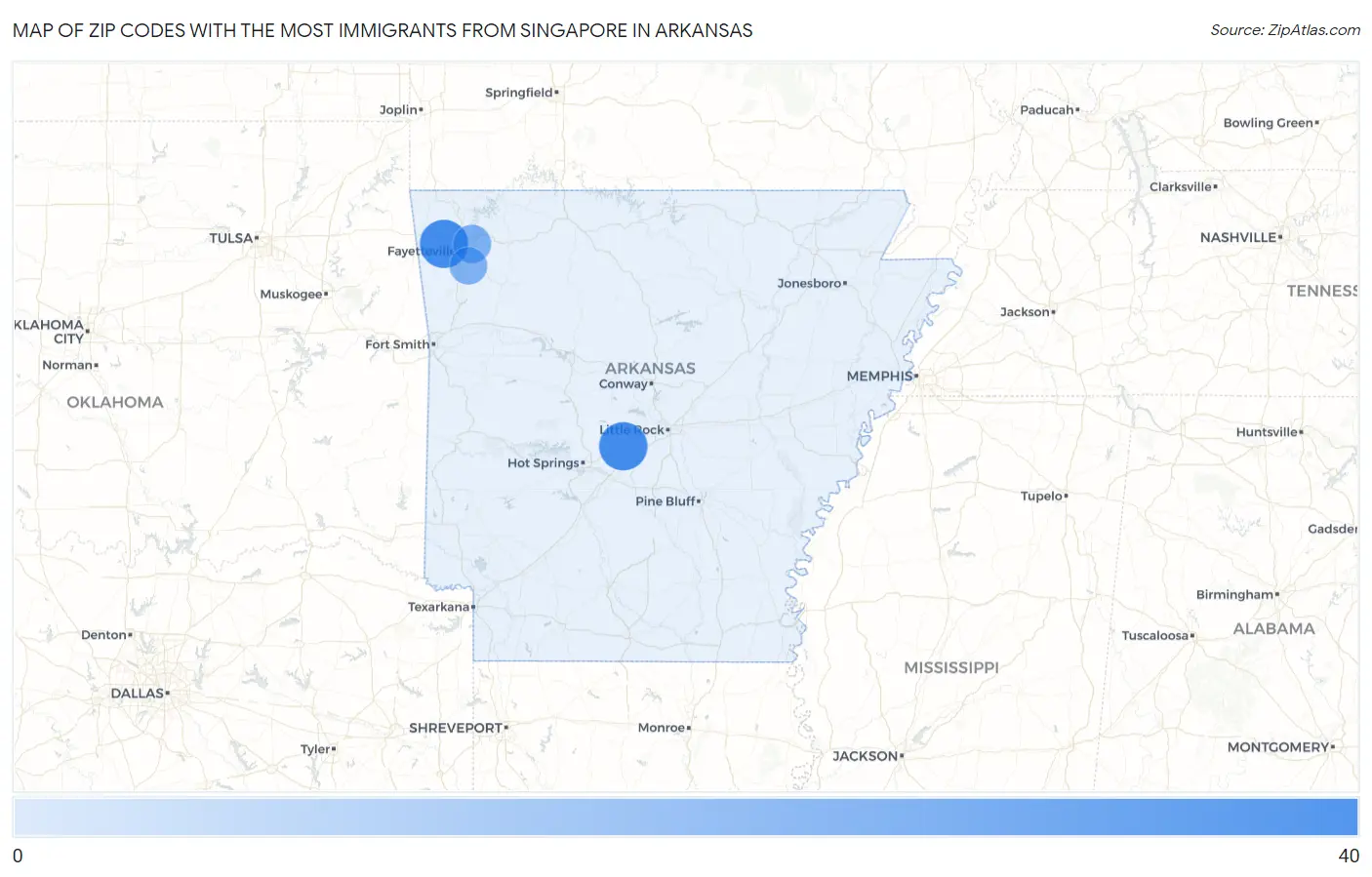 Zip Codes with the Most Immigrants from Singapore in Arkansas Map