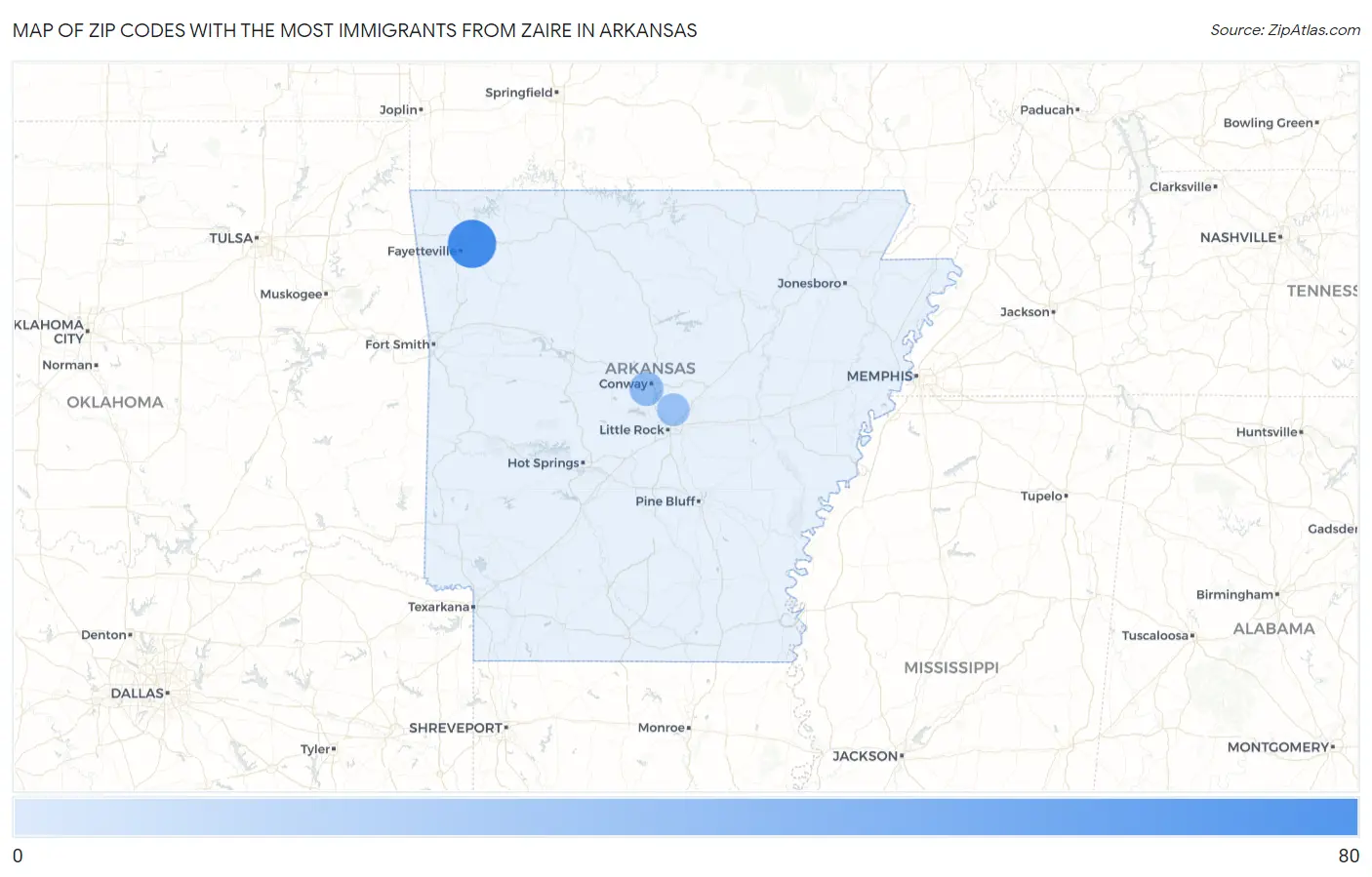 Zip Codes with the Most Immigrants from Zaire in Arkansas Map