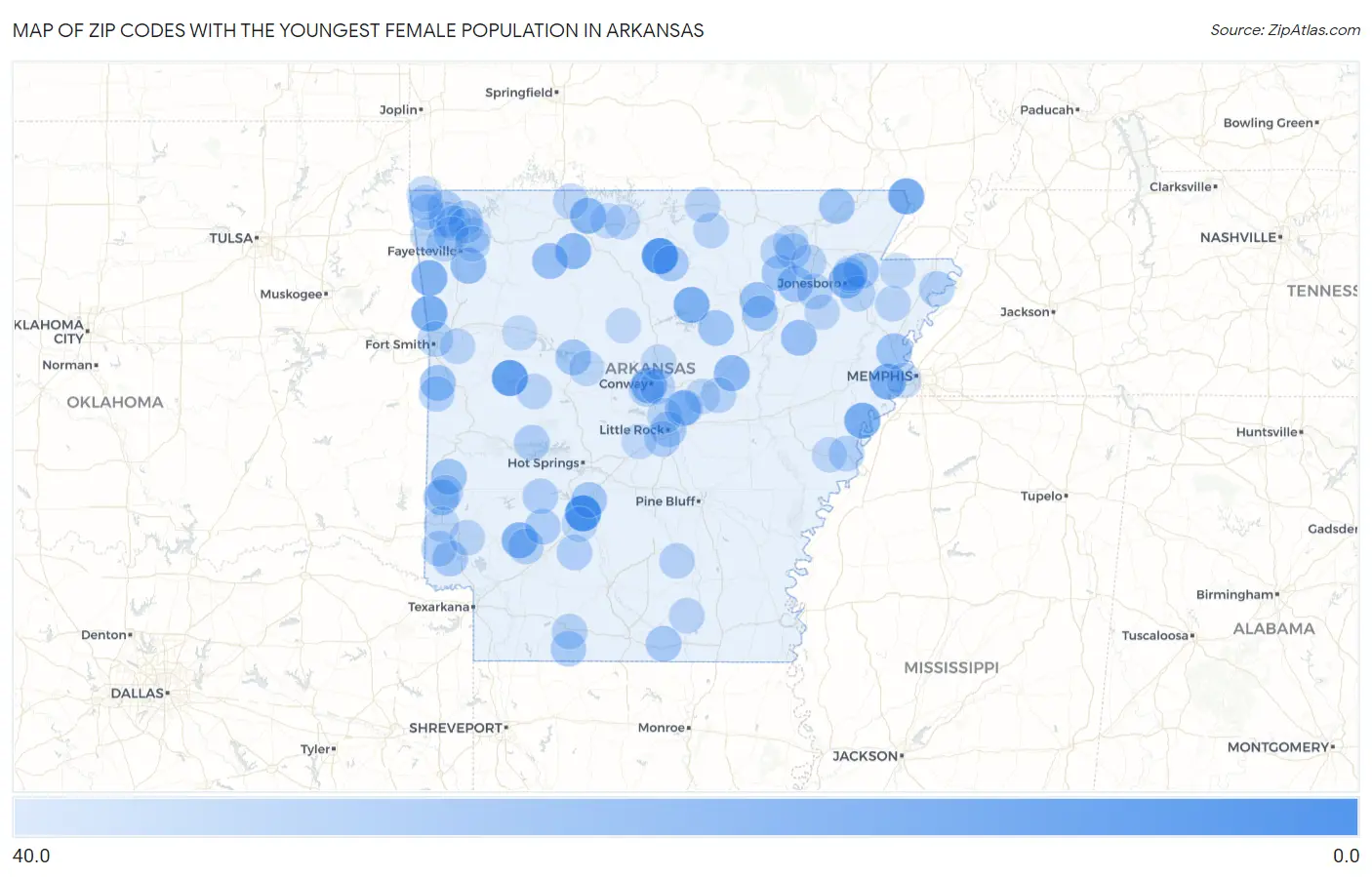 Zip Codes with the Youngest Female Population in Arkansas Map