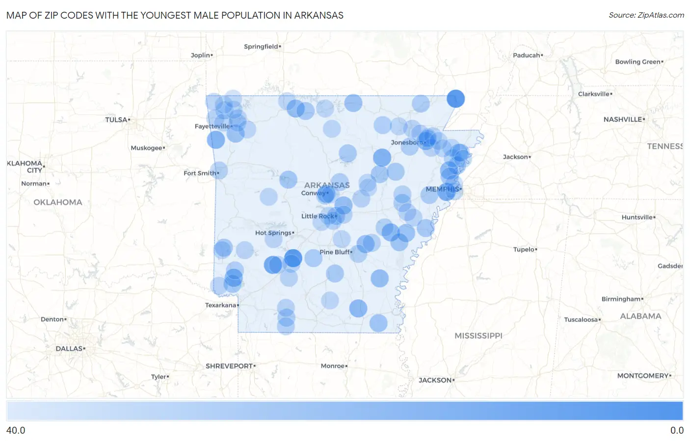 Zip Codes with the Youngest Male Population in Arkansas Map