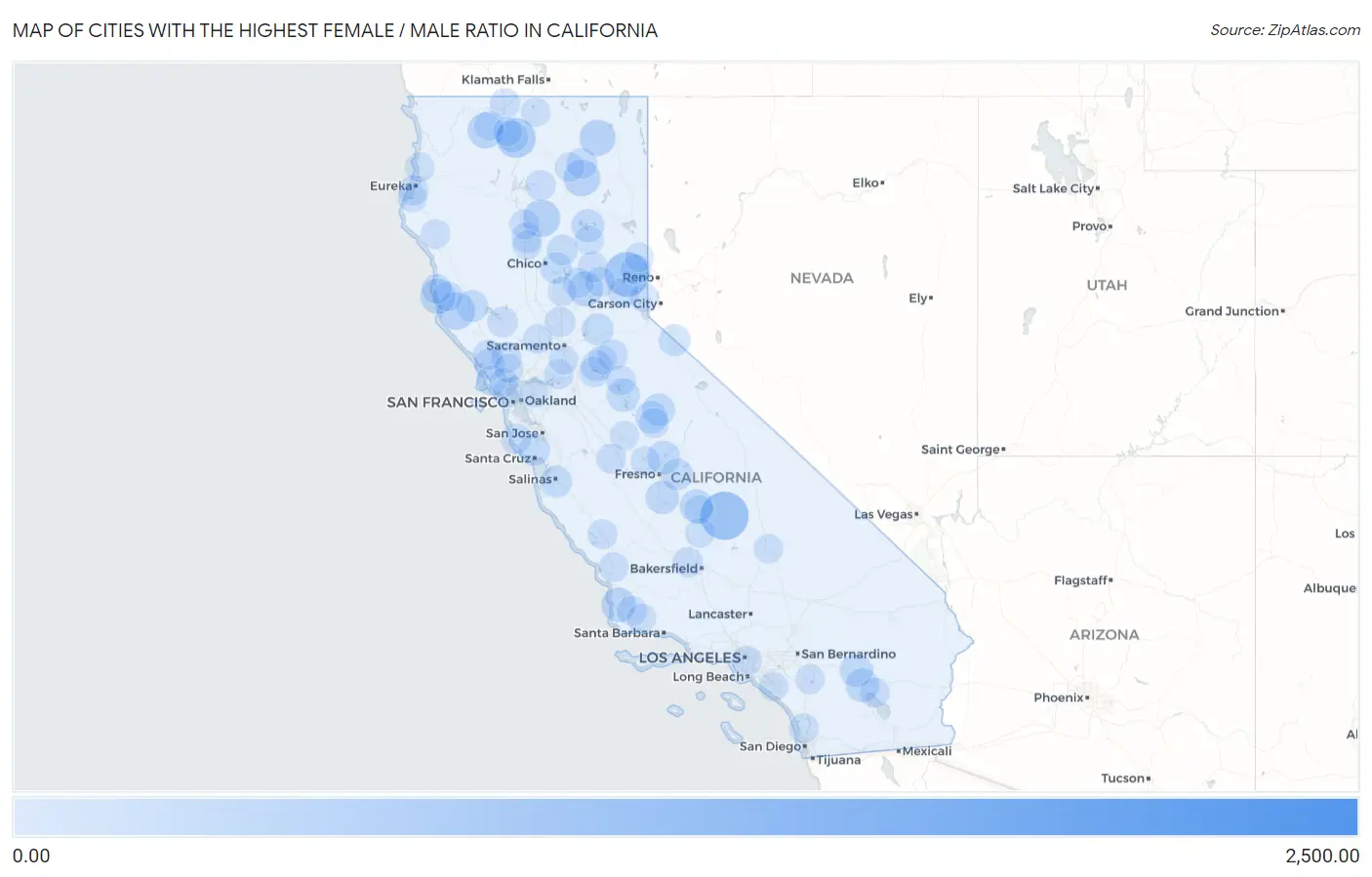 Cities with the Highest Female / Male Ratio in California Map