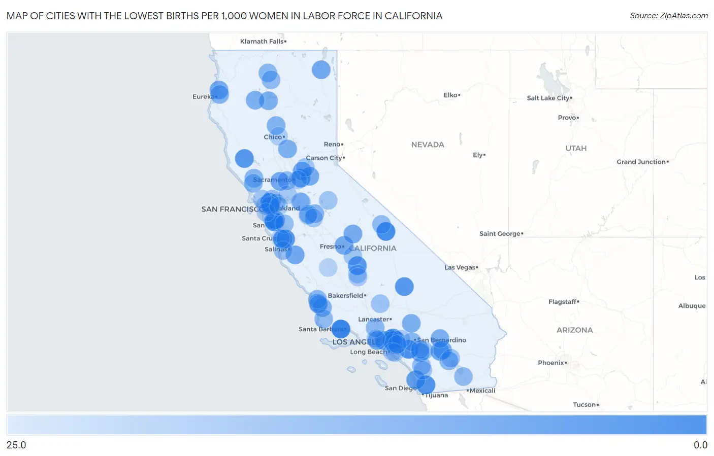 Cities with the Lowest Births per 1,000 Women in Labor Force in California Map