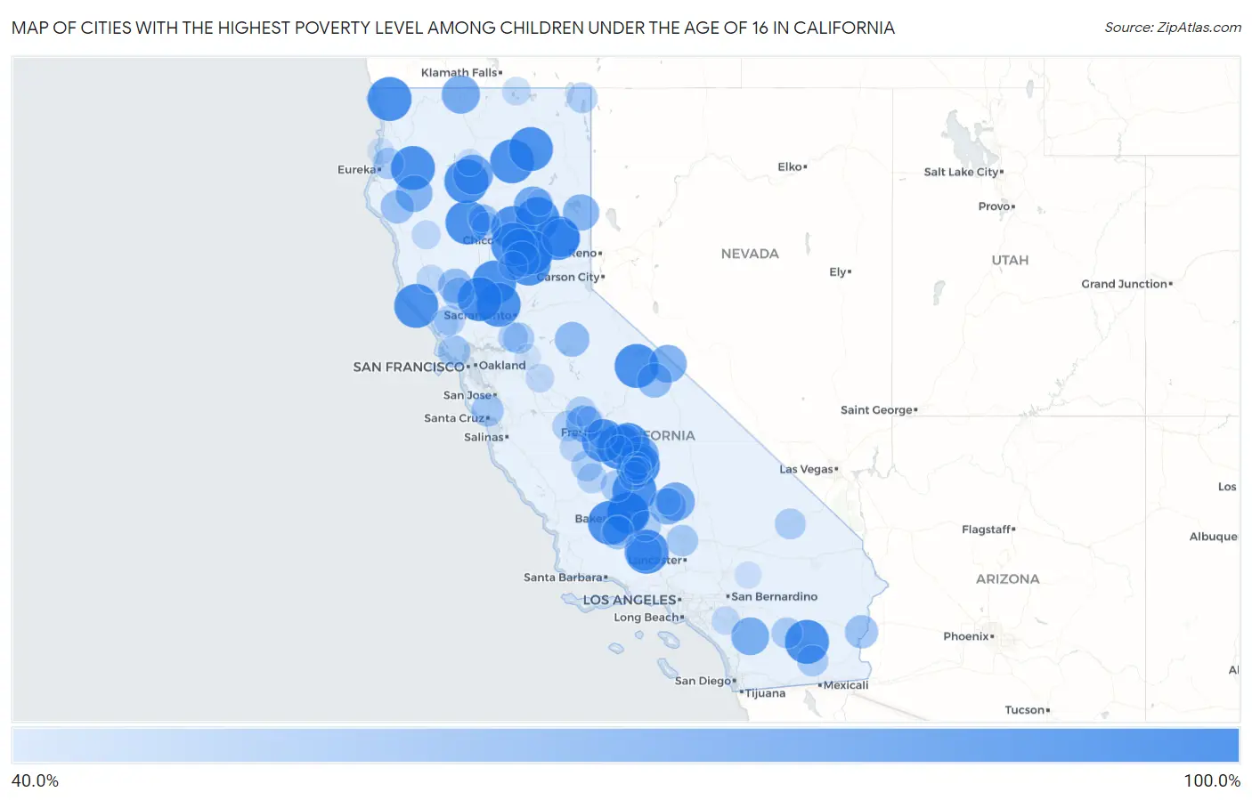 Cities with the Highest Poverty Level Among Children Under the Age of 16 in California Map