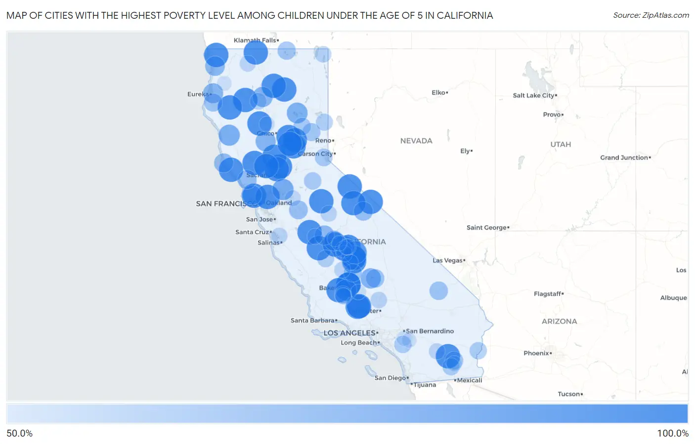 Cities with the Highest Poverty Level Among Children Under the Age of 5 in California Map