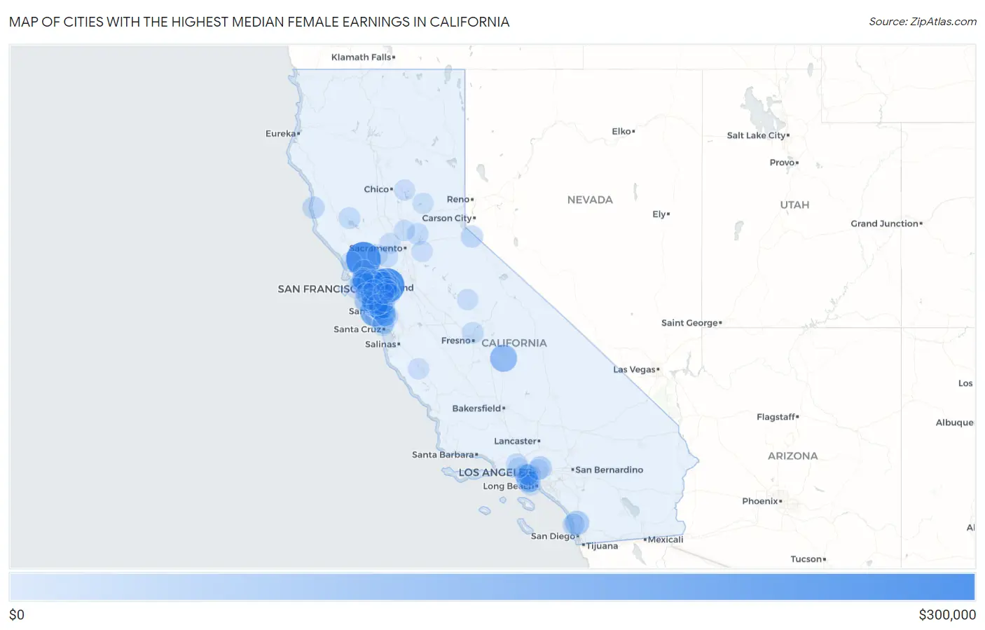 Cities with the Highest Median Female Earnings in California Map
