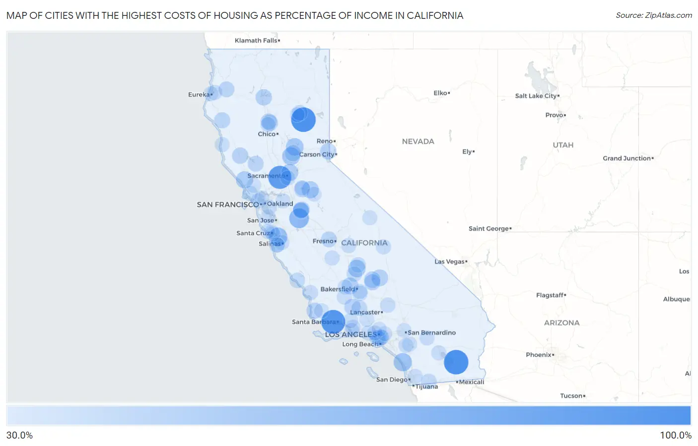 Cities with the Highest Costs of Housing as Percentage of Income in California Map