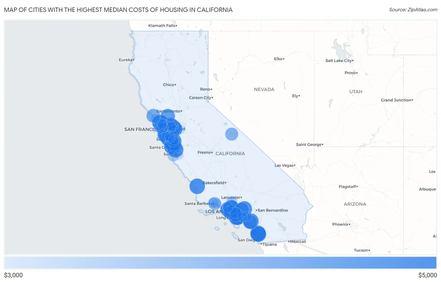 Cities with the Highest Median Costs of Housing in California Map