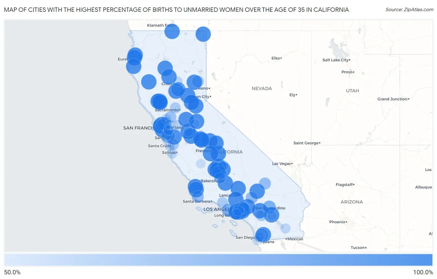 Cities with the Highest Percentage of Births to Unmarried Women over the Age of 35 in California Map