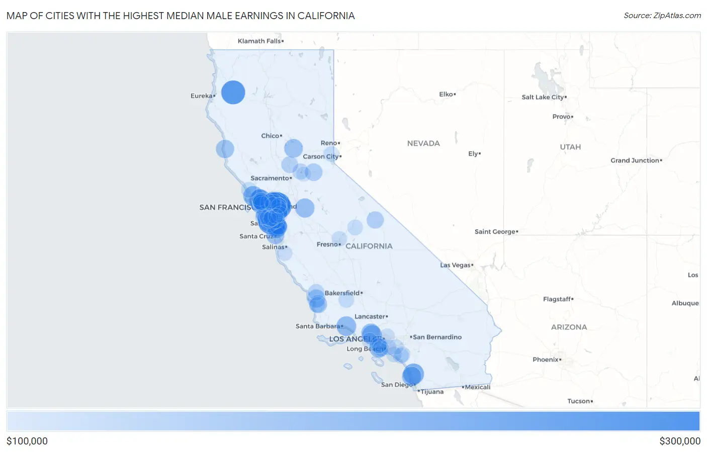 Cities with the Highest Median Male Earnings in California Map