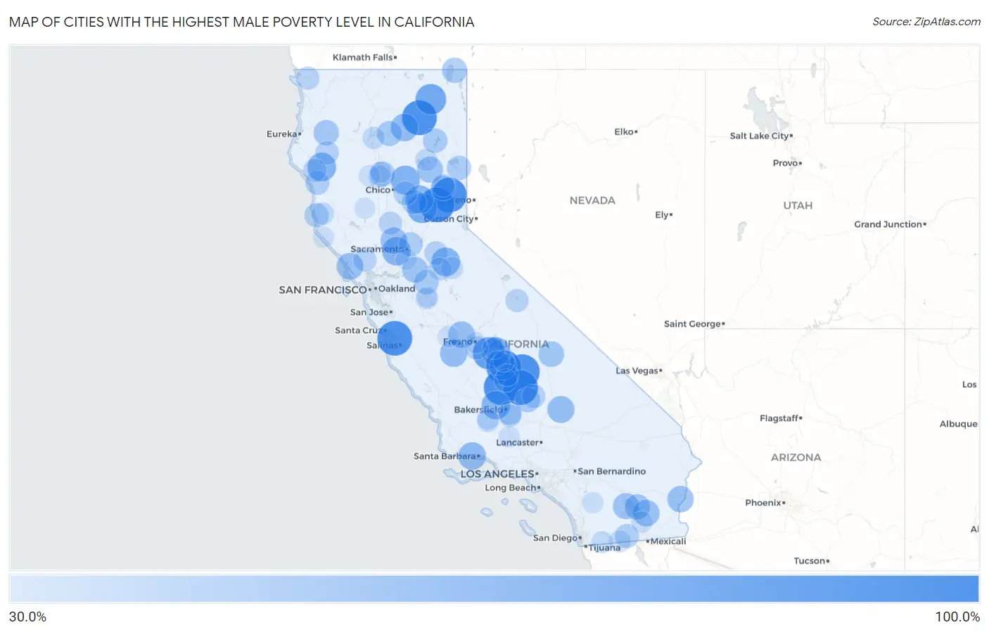 Cities with the Highest Male Poverty Level in California Map