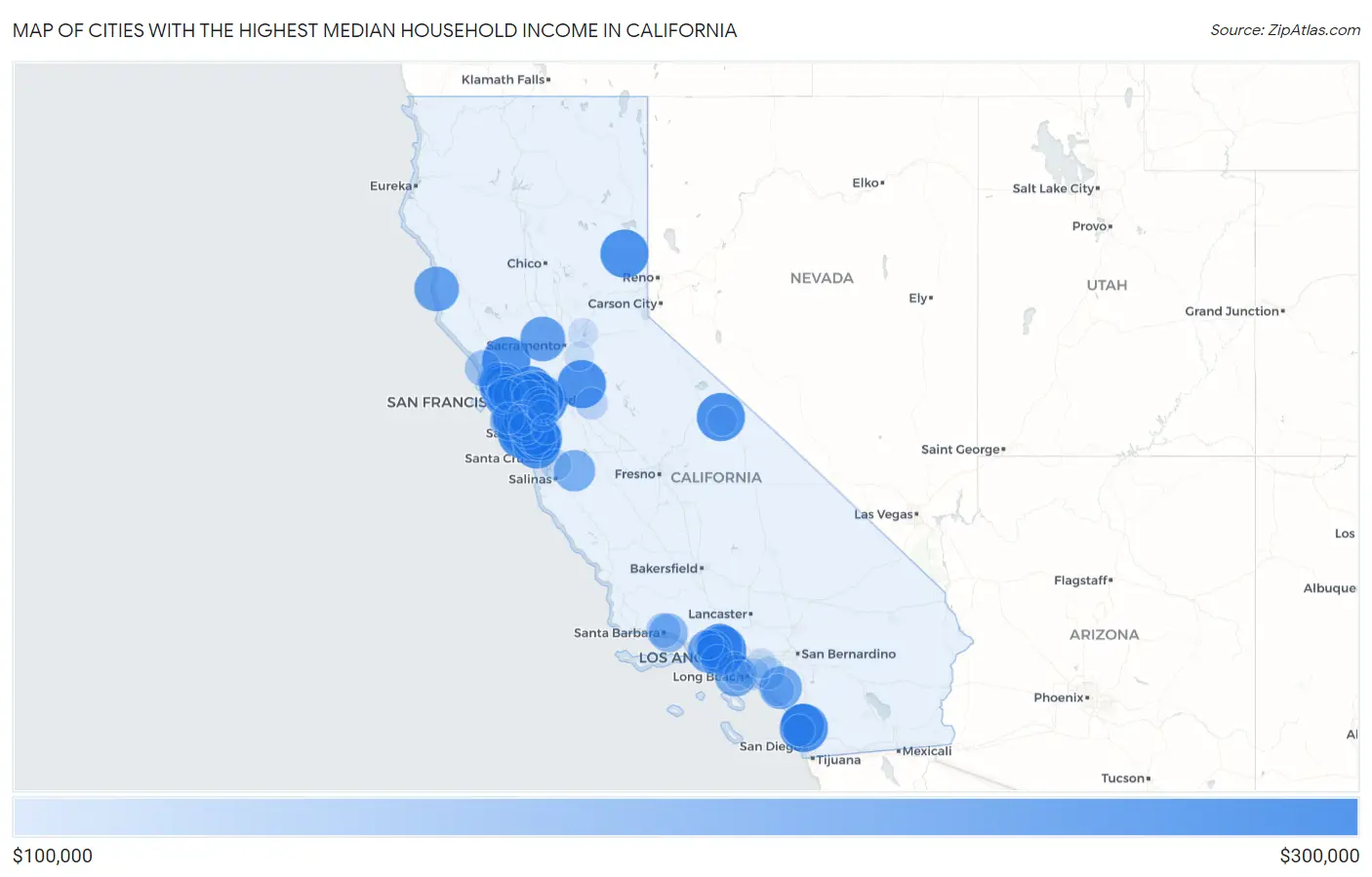 Cities with the Highest Median Household Income in California Map
