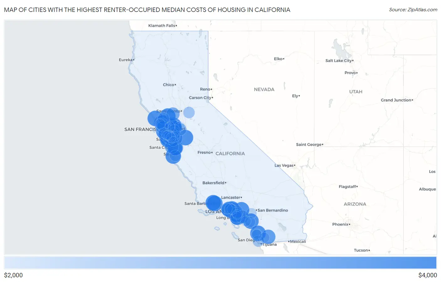 Cities with the Highest Renter-Occupied Median Costs of Housing in California Map