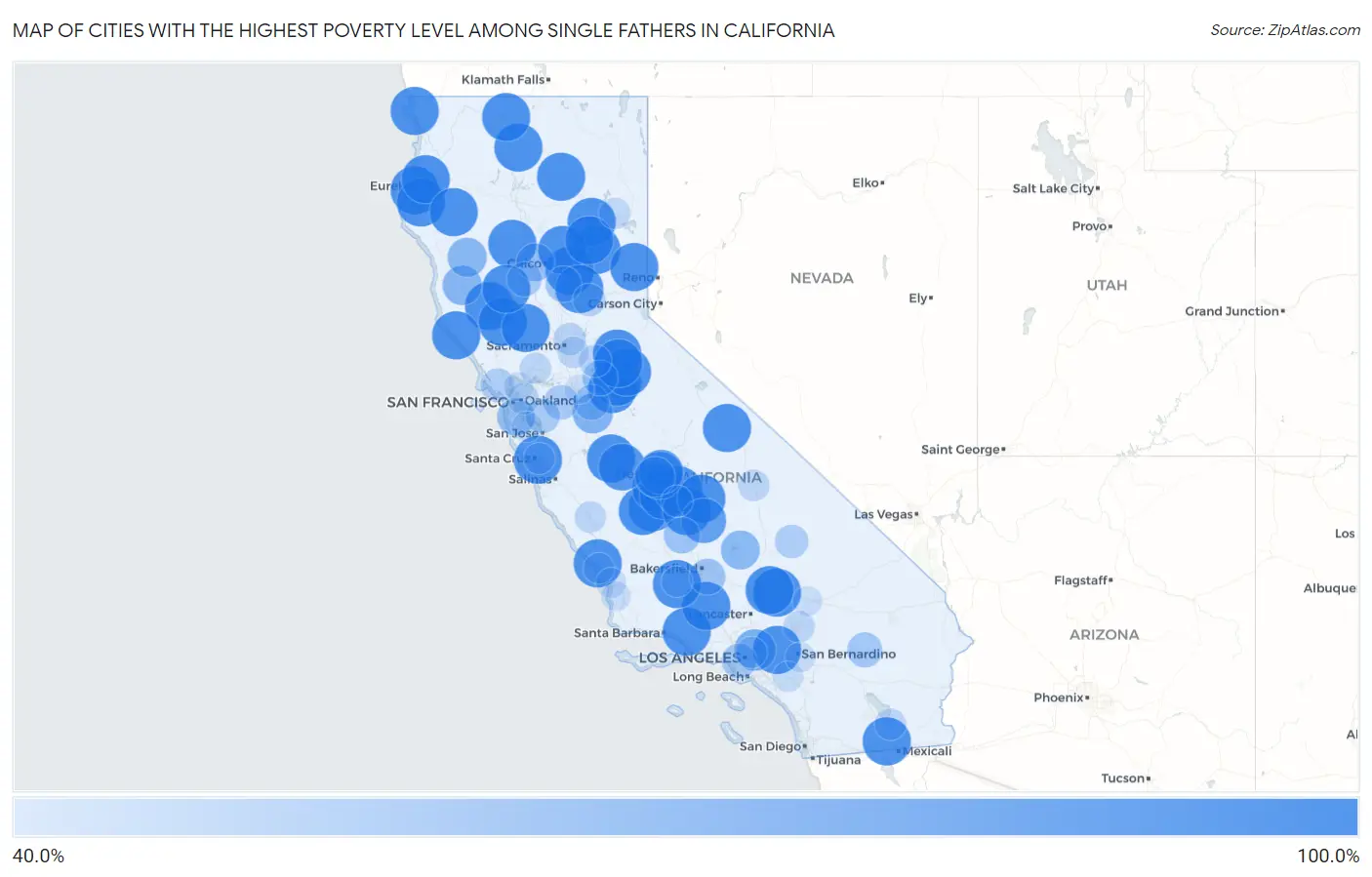 Cities with the Highest Poverty Level Among Single Fathers in California Map