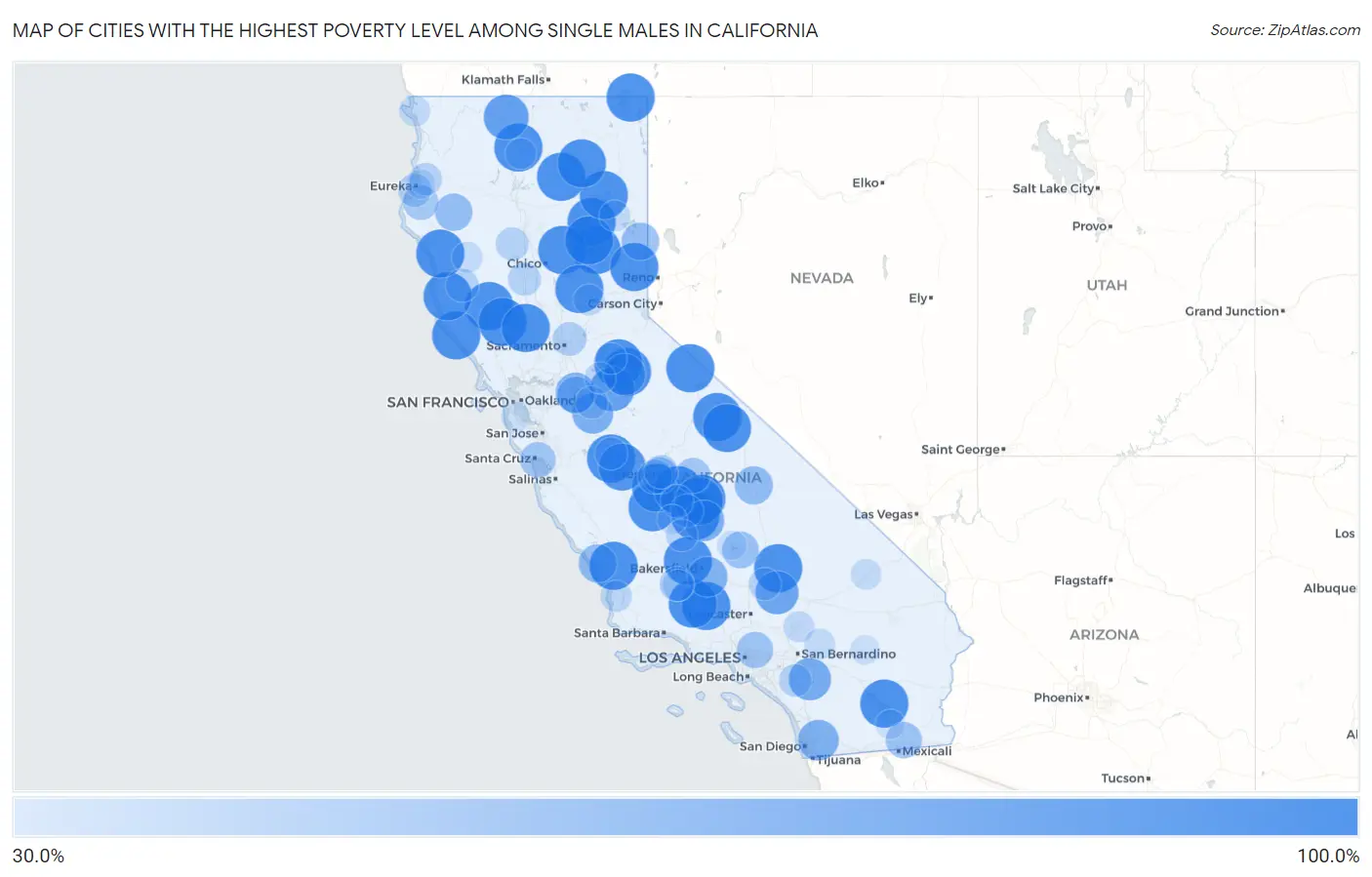 Cities with the Highest Poverty Level Among Single Males in California Map