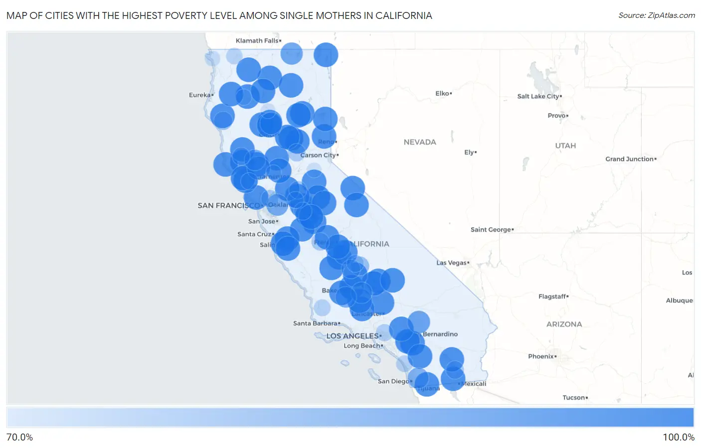 Cities with the Highest Poverty Level Among Single Mothers in California Map