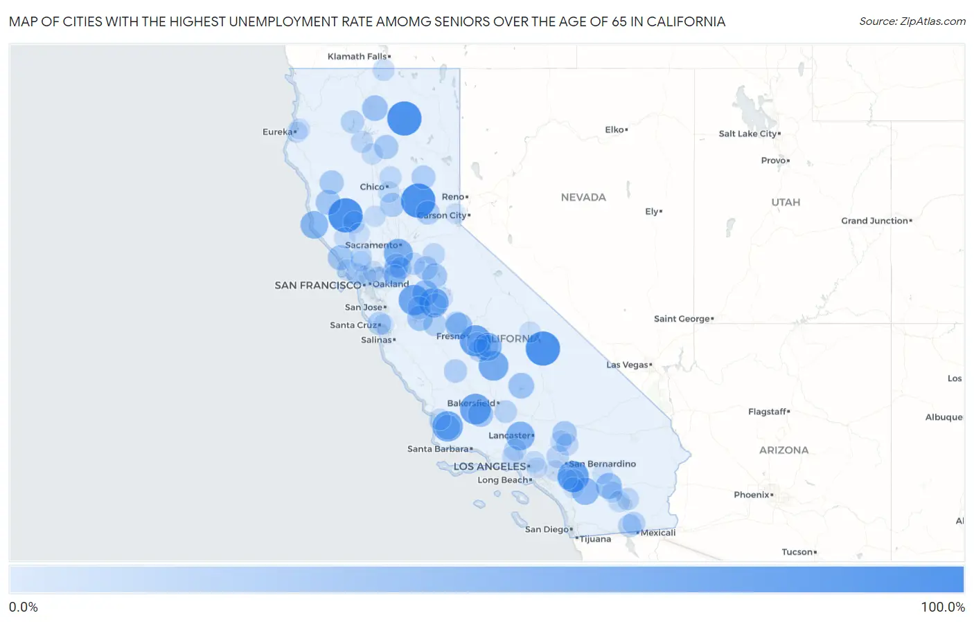 Cities with the Highest Unemployment Rate Amomg Seniors Over the Age of 65 in California Map