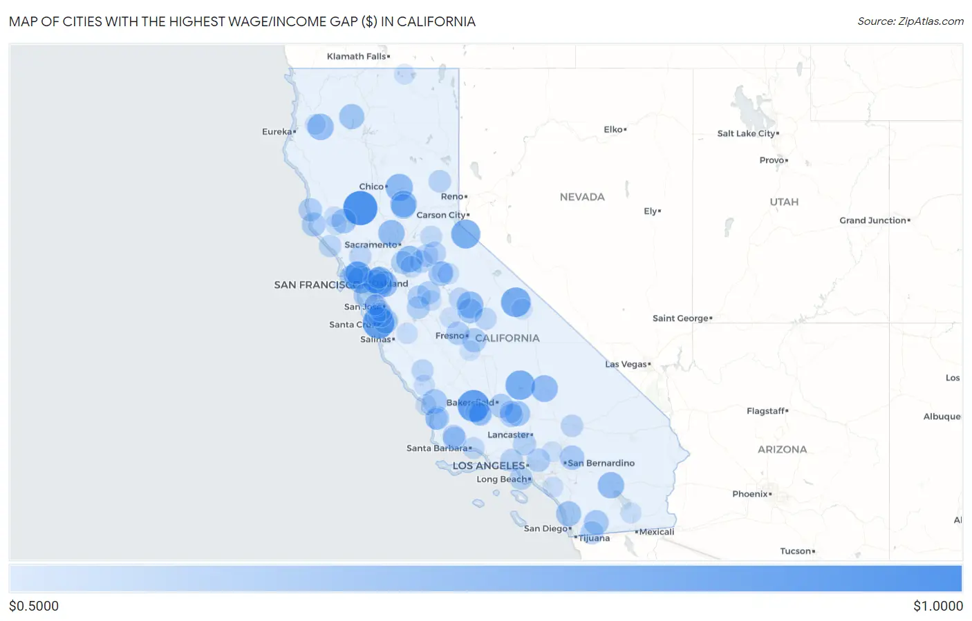 Cities with the Highest Wage/Income Gap ($) in California Map