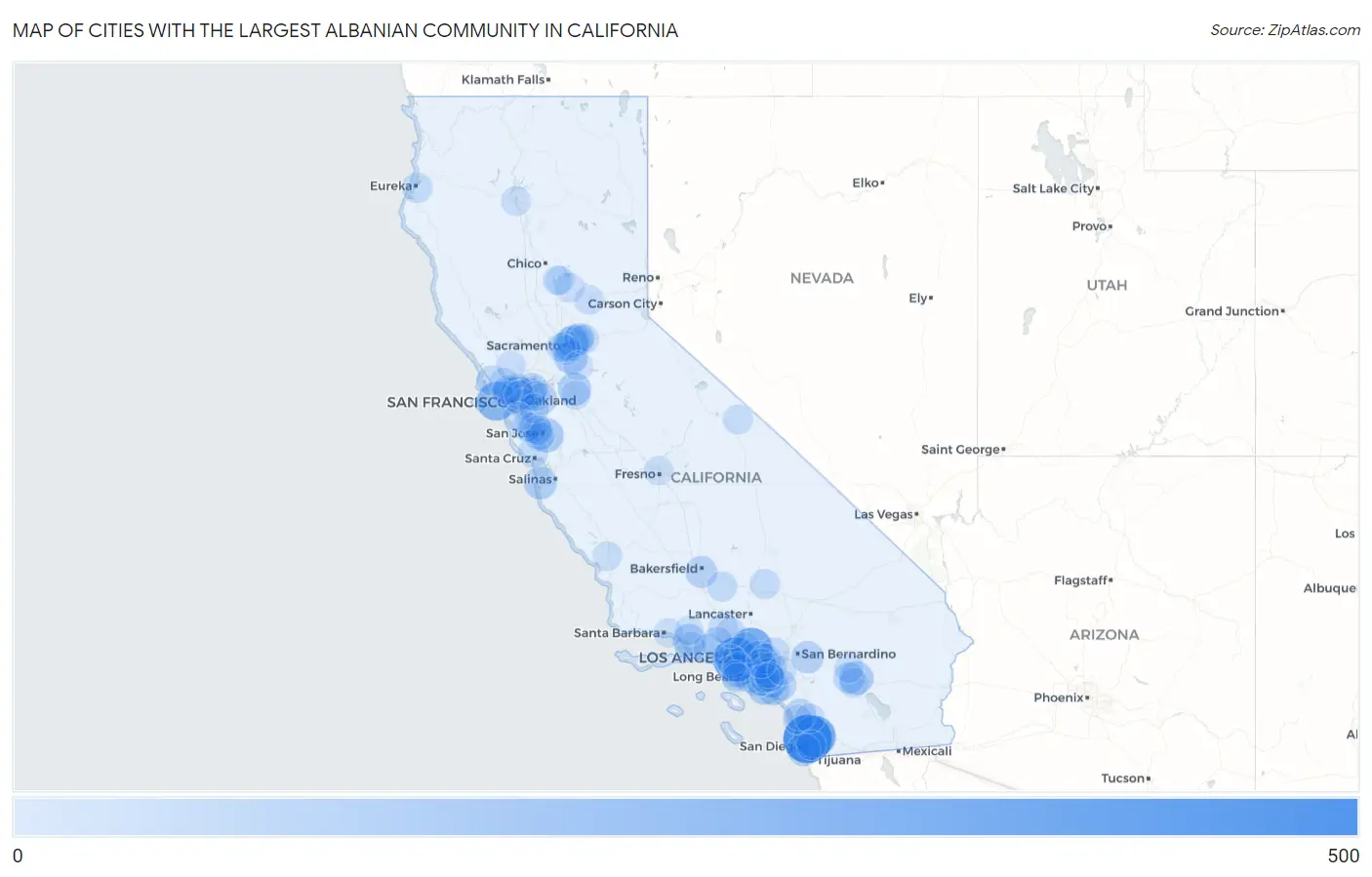 Cities with the Largest Albanian Community in California Map