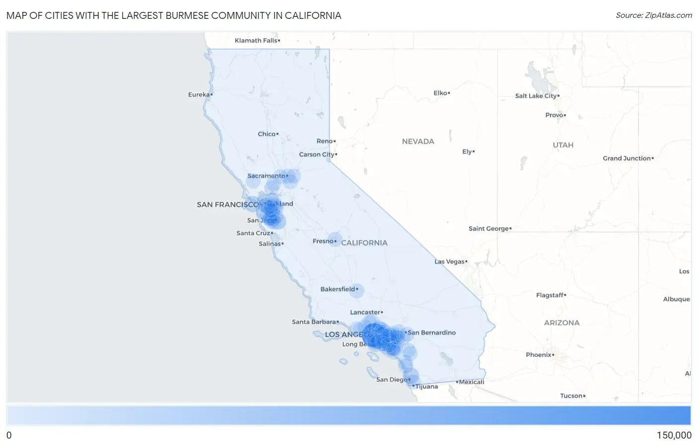 Cities with the Largest Burmese Community in California Map