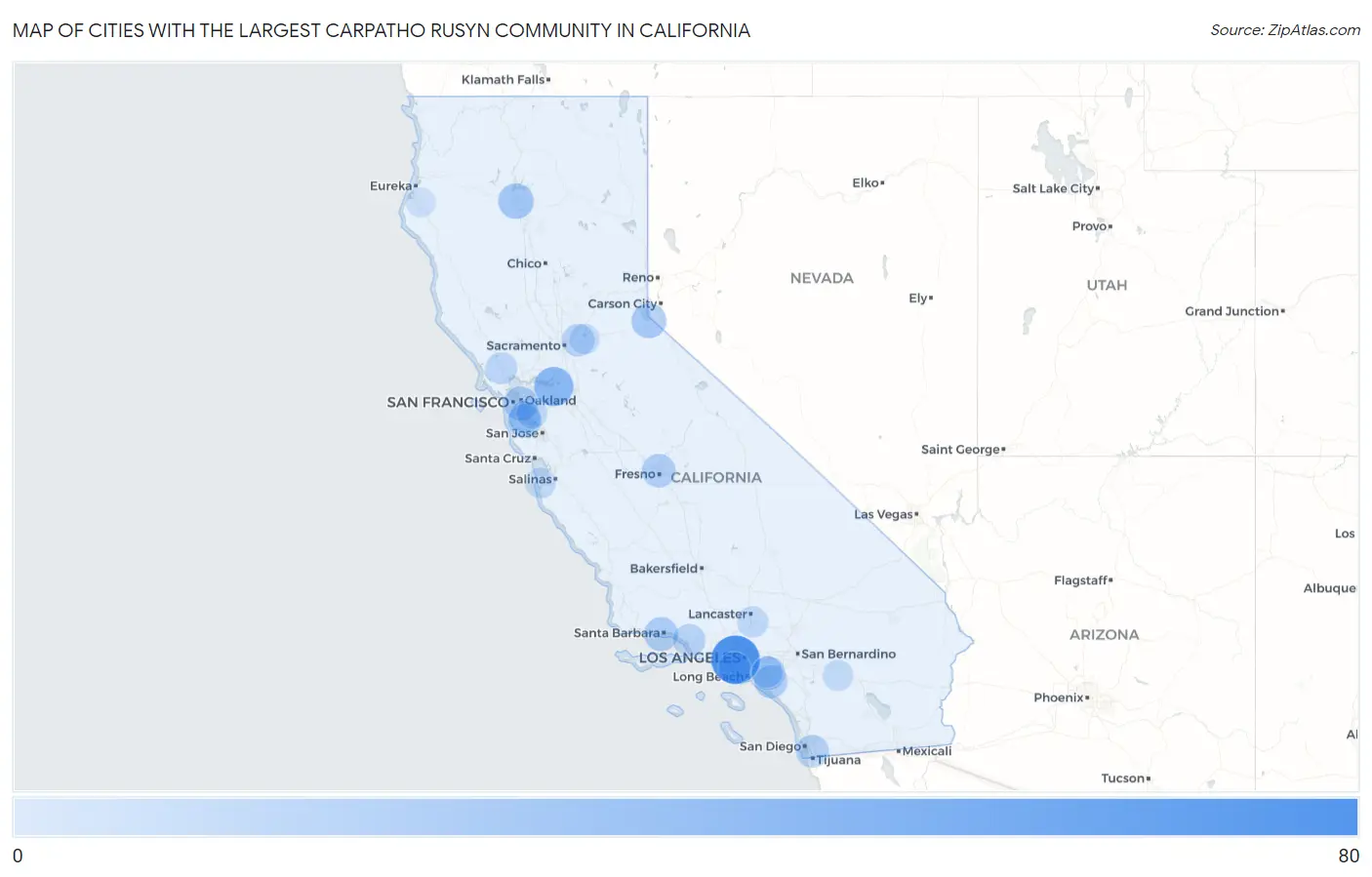 Cities with the Largest Carpatho Rusyn Community in California Map