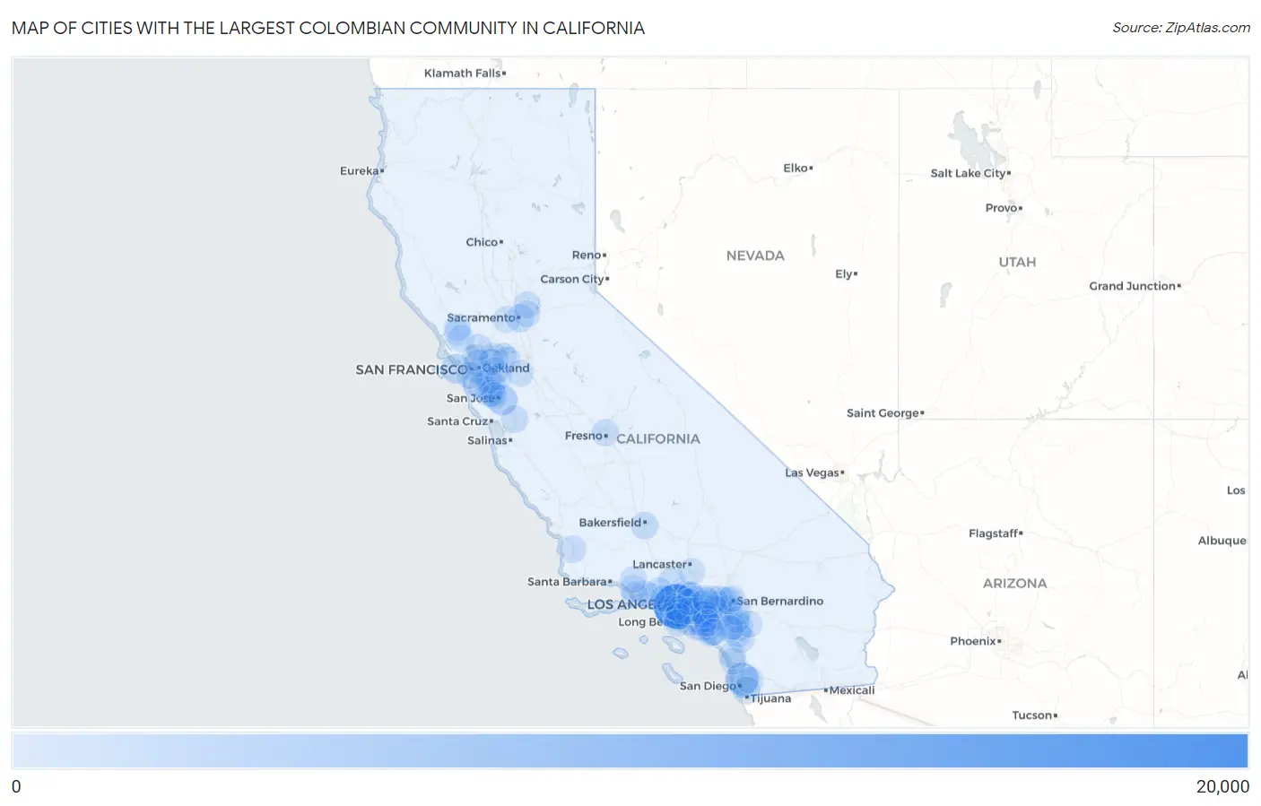 Cities with the Largest Colombian Community in California Map