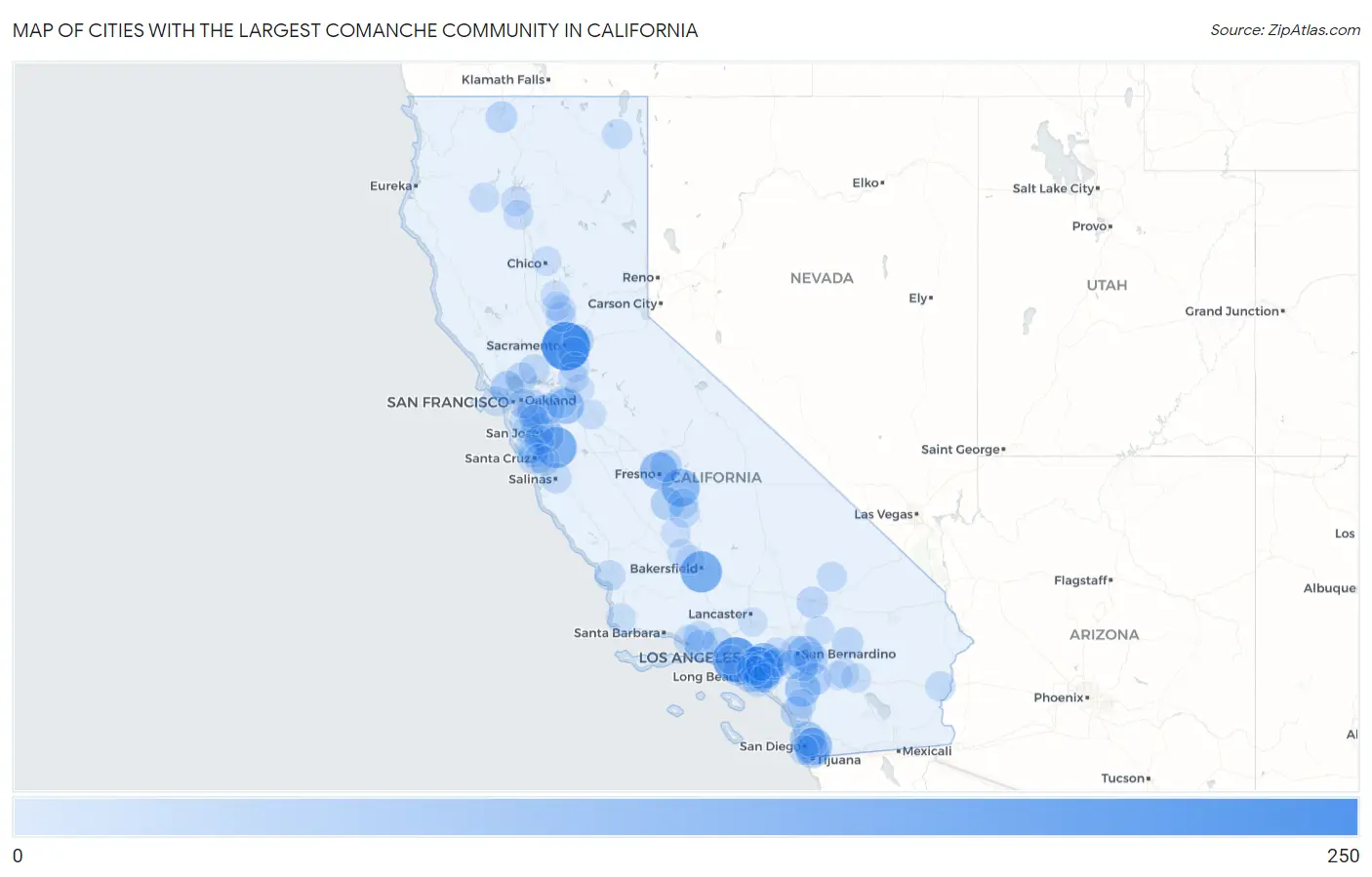 Cities with the Largest Comanche Community in California Map