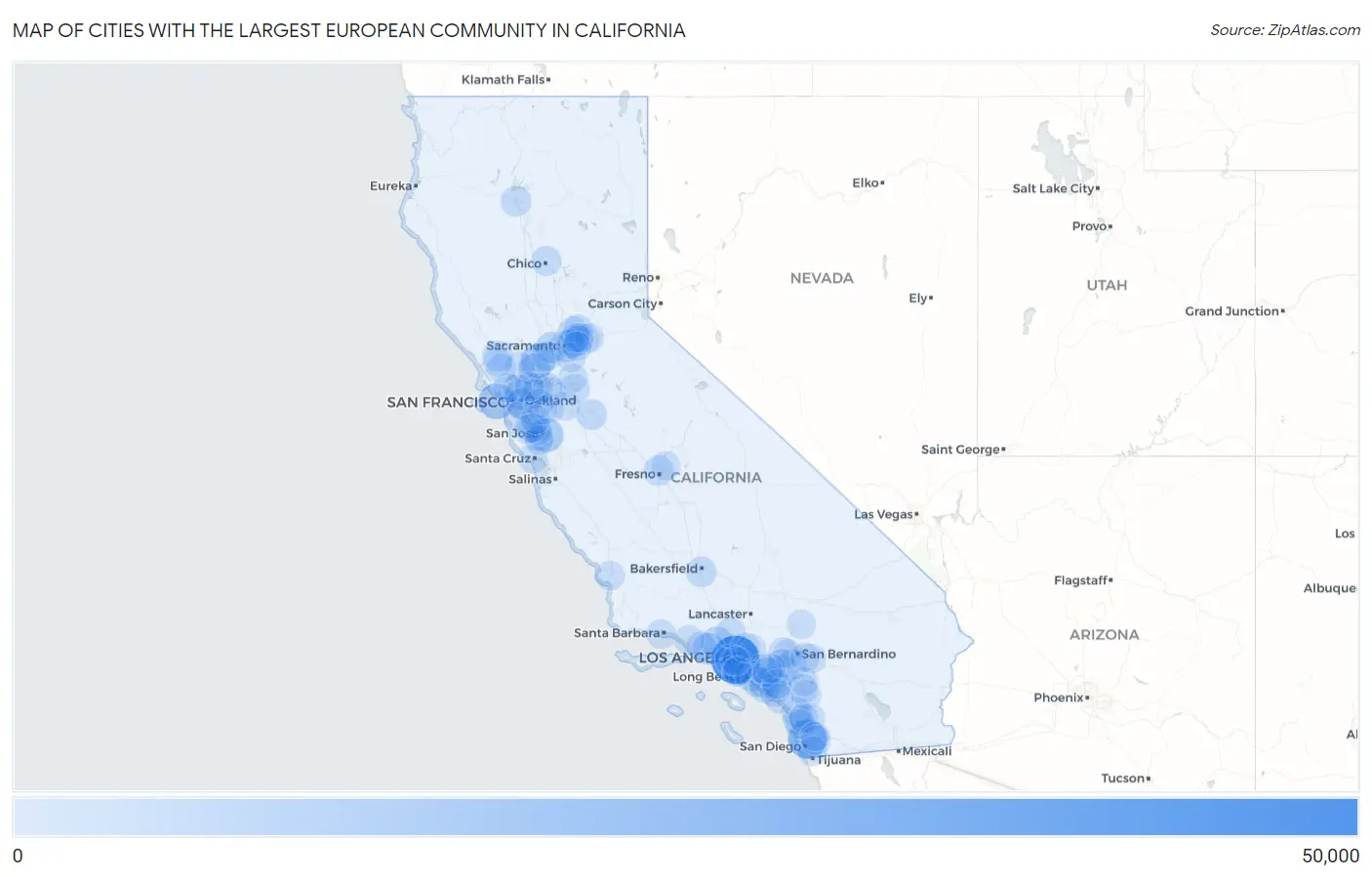 Cities with the Largest European Community in California Map