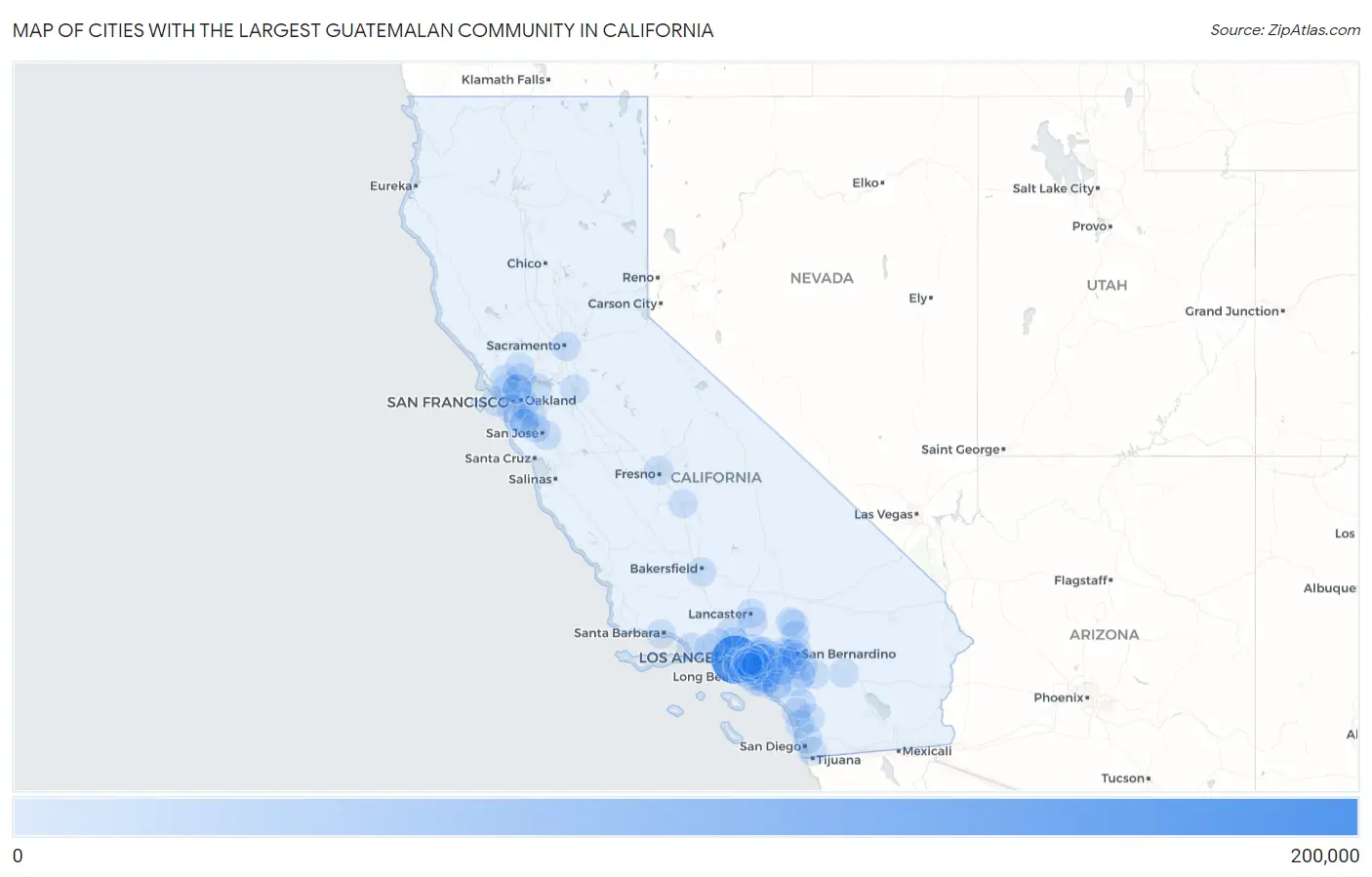 Cities with the Largest Guatemalan Community in California Map