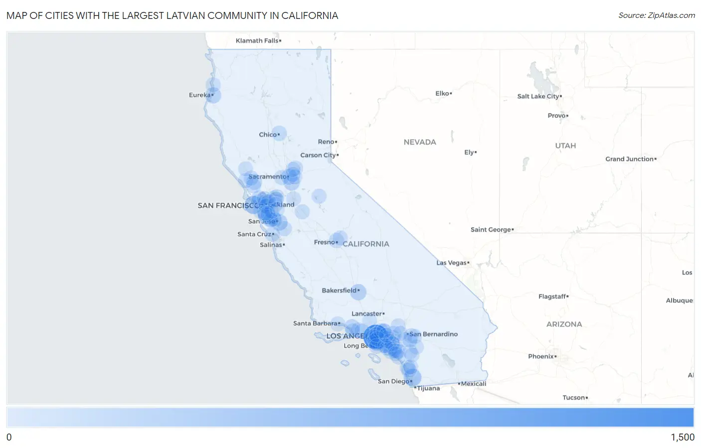 Cities with the Largest Latvian Community in California Map