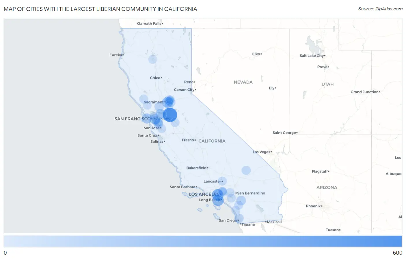 Cities with the Largest Liberian Community in California Map