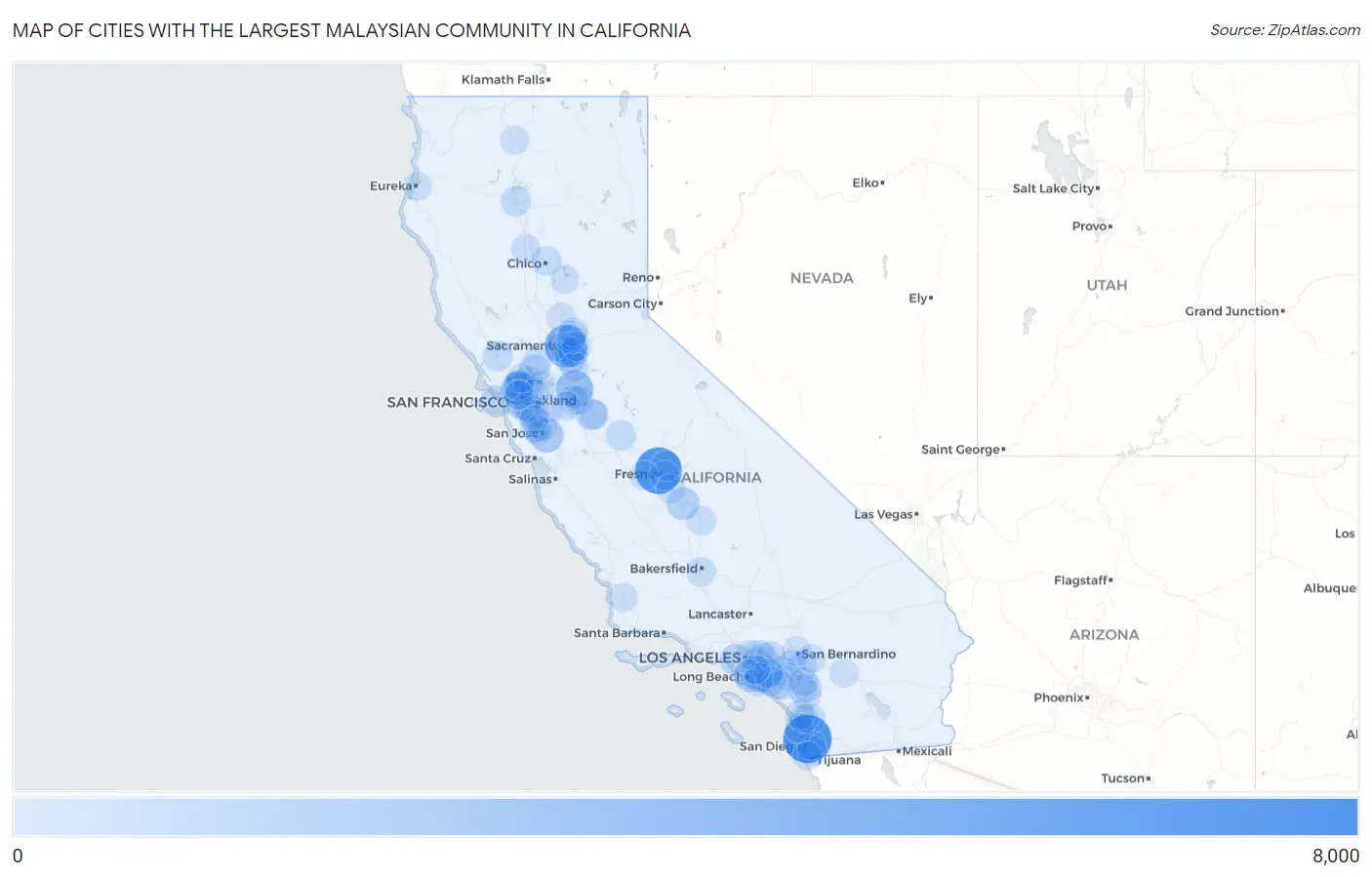 Cities with the Largest Malaysian Community in California Map