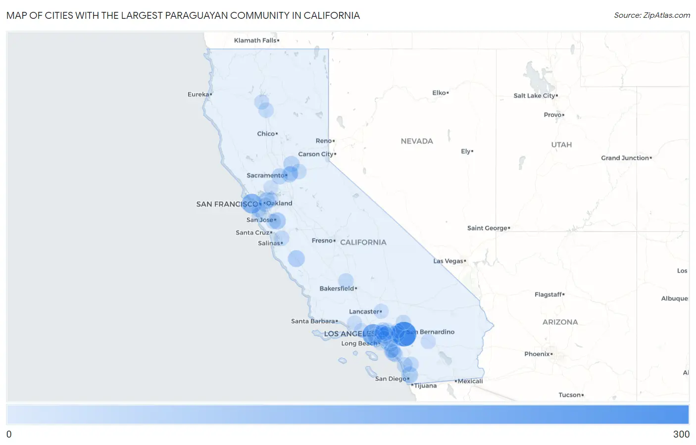 Cities with the Largest Paraguayan Community in California Map