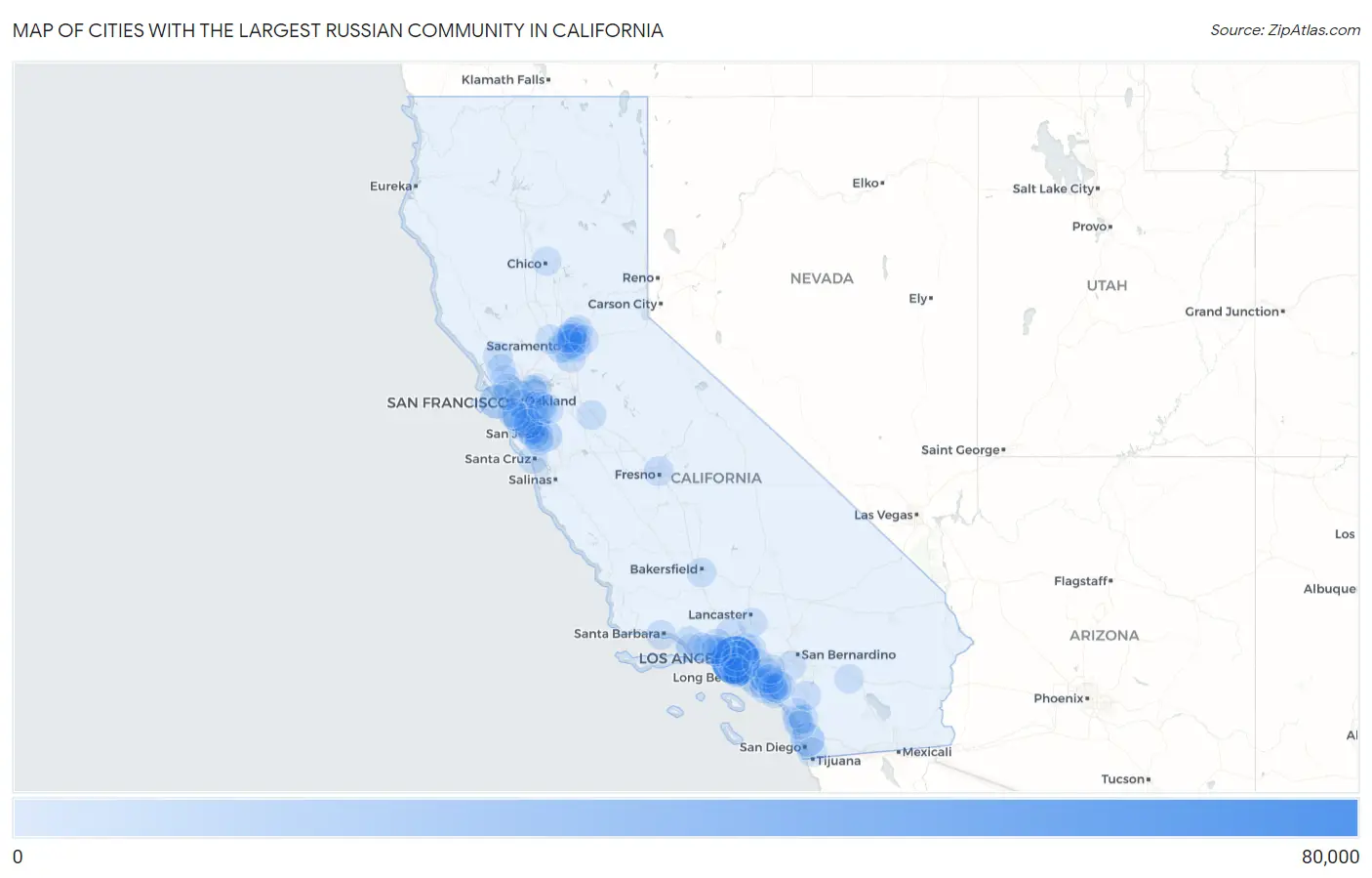Cities with the Largest Russian Community in California Map