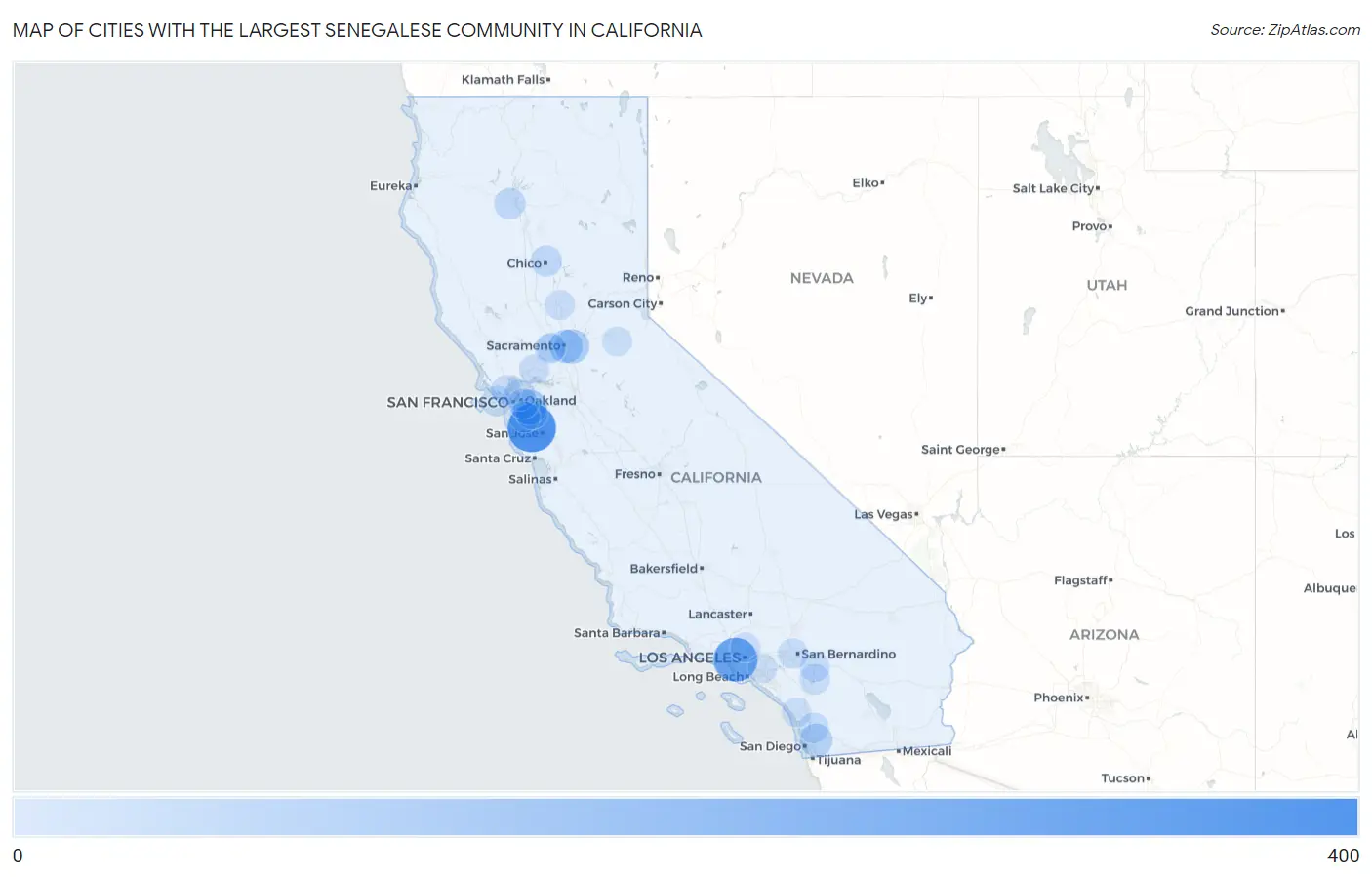 Cities with the Largest Senegalese Community in California Map