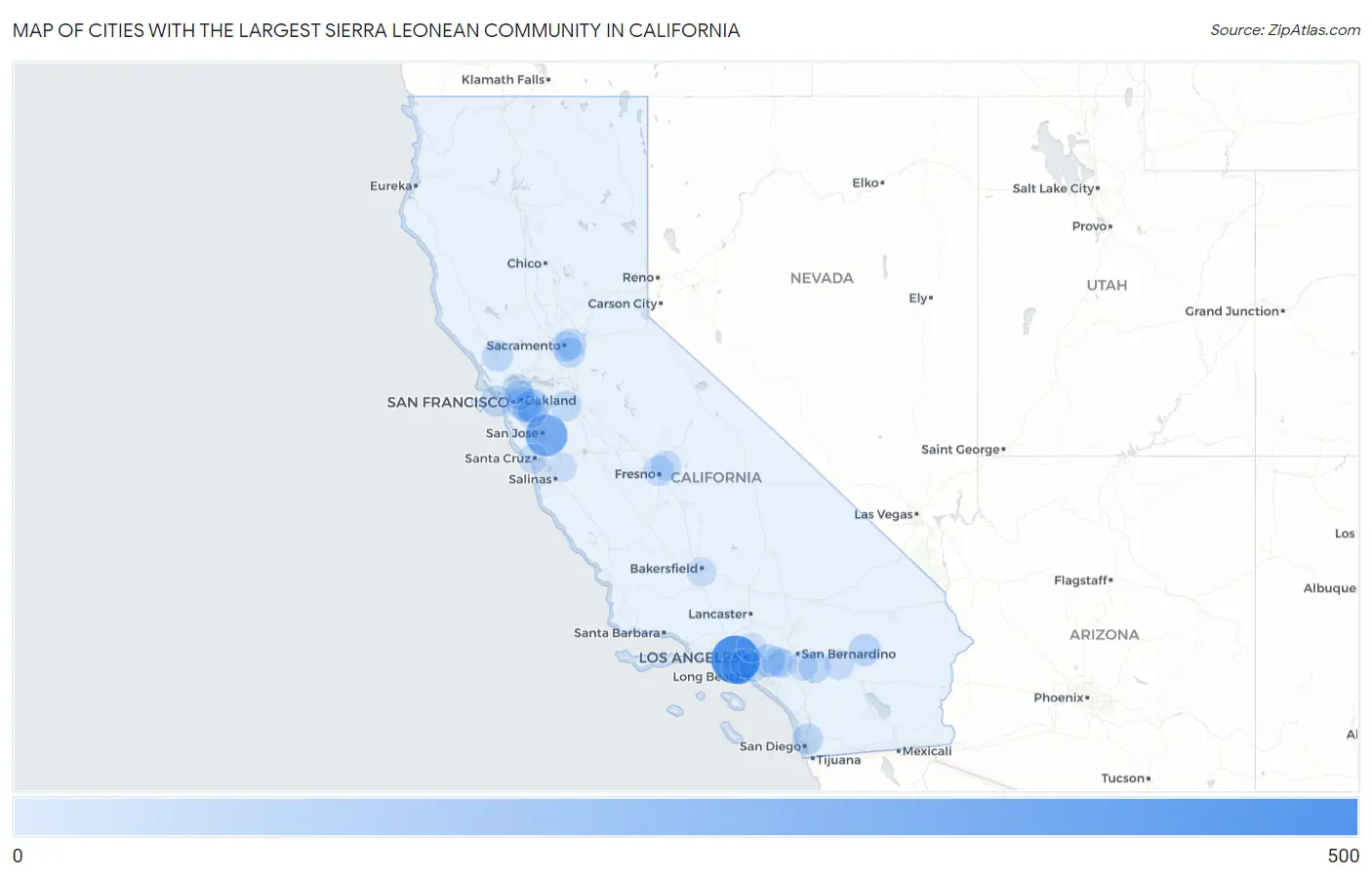 Cities with the Largest Sierra Leonean Community in California Map