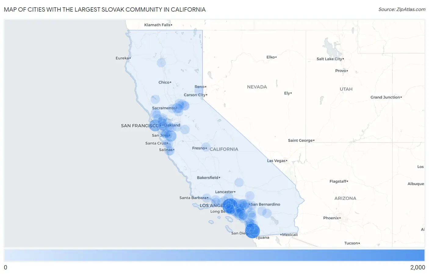 Cities with the Largest Slovak Community in California Map